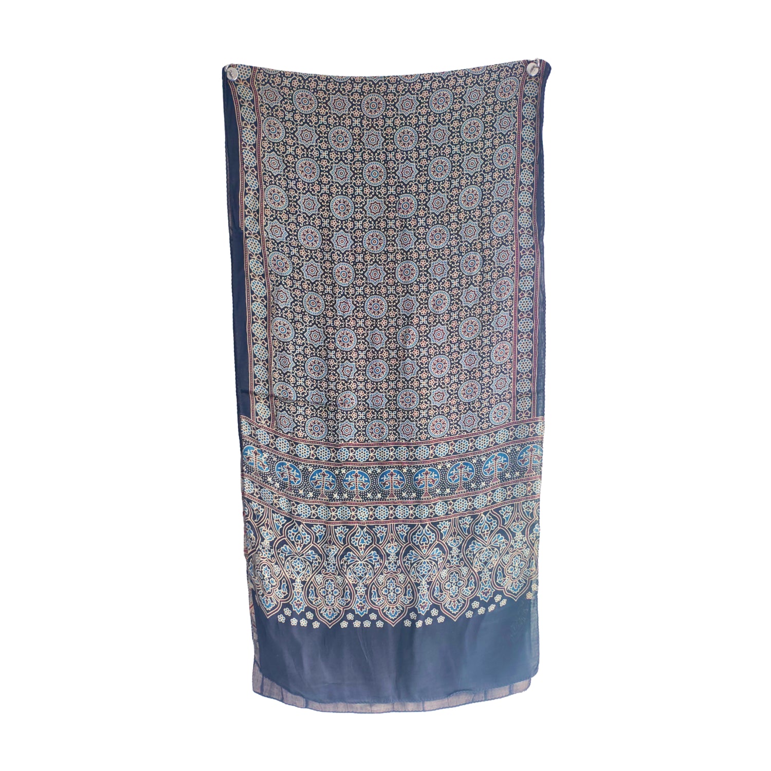 Ajrakh Hand Block Printed Modal Silk Stole – Navy blue Floral, 210x55cm