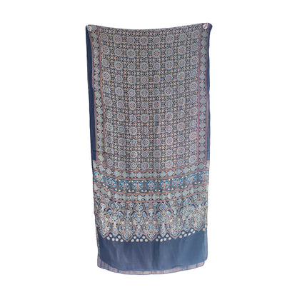 Ajrakh Hand Block Printed Modal Silk Stole – Navy blue Floral, 210x55cm