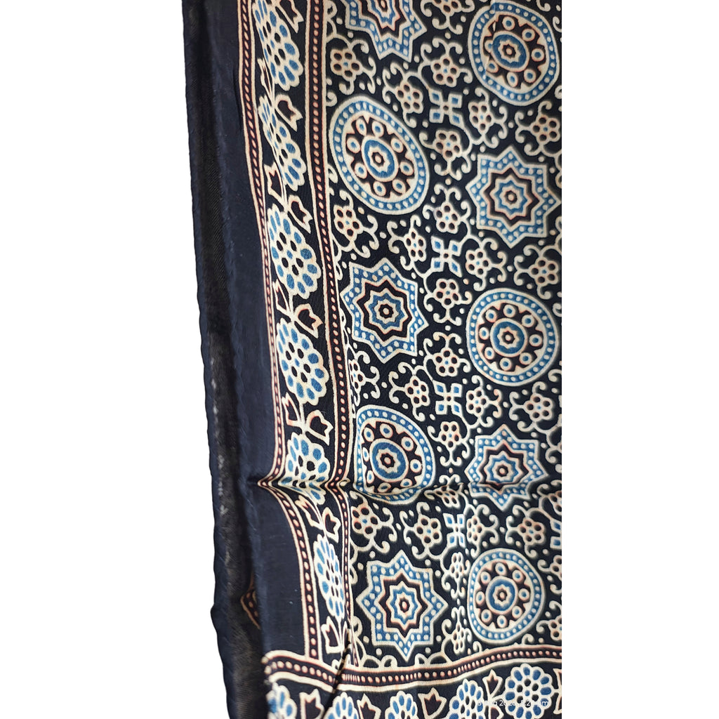 Ajrakh Hand Block Printed Modal Silk Stole – Navy blue Floral, 210x55cm