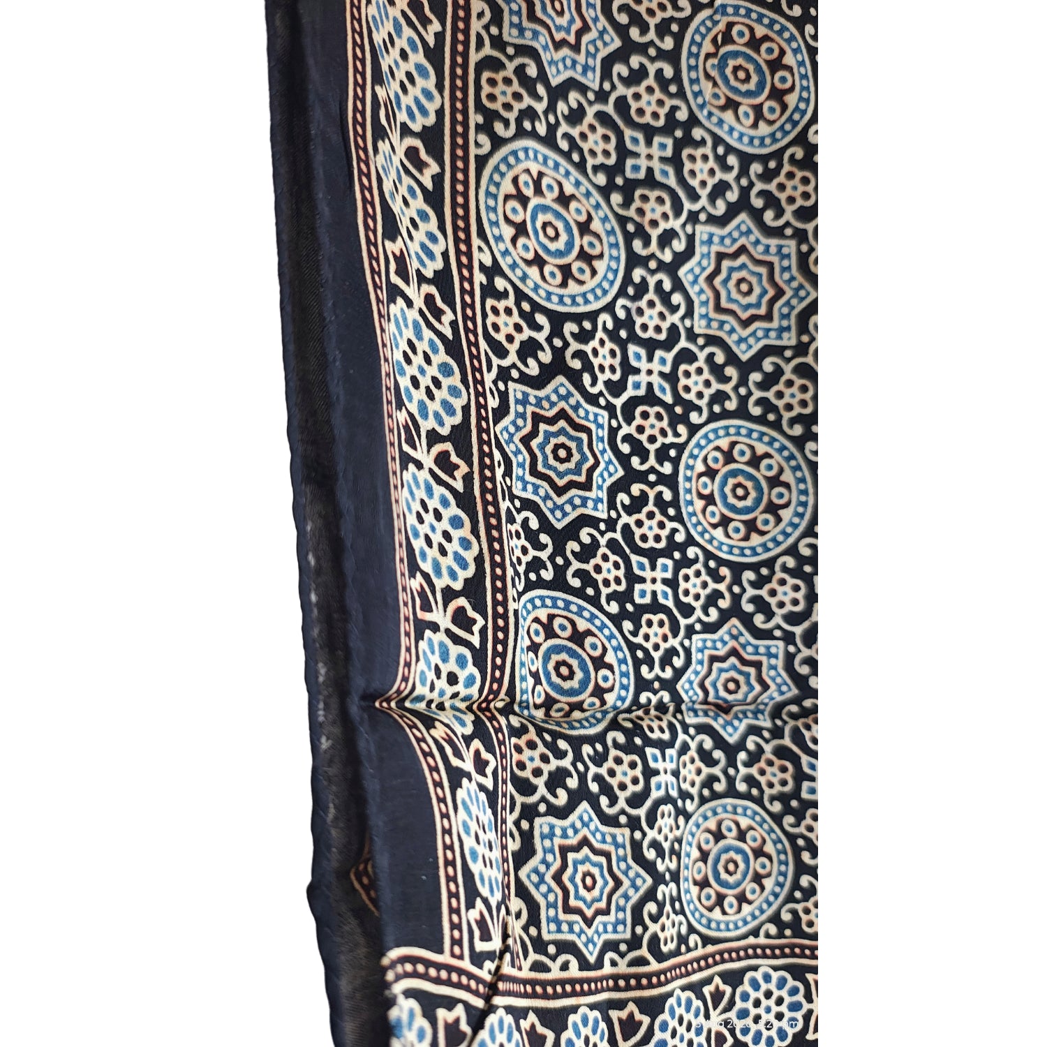Ajrakh Hand Block Printed Modal Silk Stole – Navy blue Floral, 210x55cm