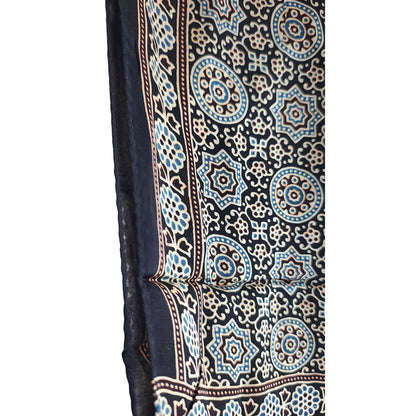 Ajrakh Hand Block Printed Modal Silk Stole – Navy blue Floral, 210x55cm
