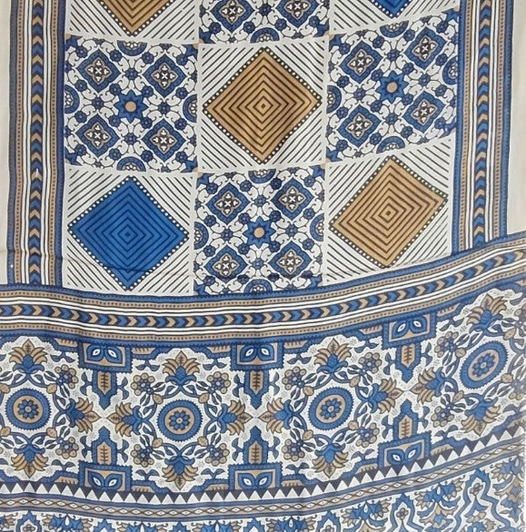 Ajrakh Hand Block Printed Modal Silk Stole – Blue and White Floral, 210x55cm