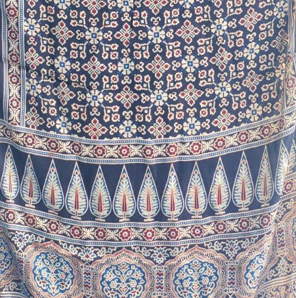 Ajrakh Hand Block Printed Modal Silk Stole – Dark Blue  Floral, 210x55cm