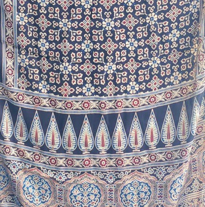 Ajrakh Hand Block Printed Modal Silk Stole – Dark Blue  Floral, 210x55cm