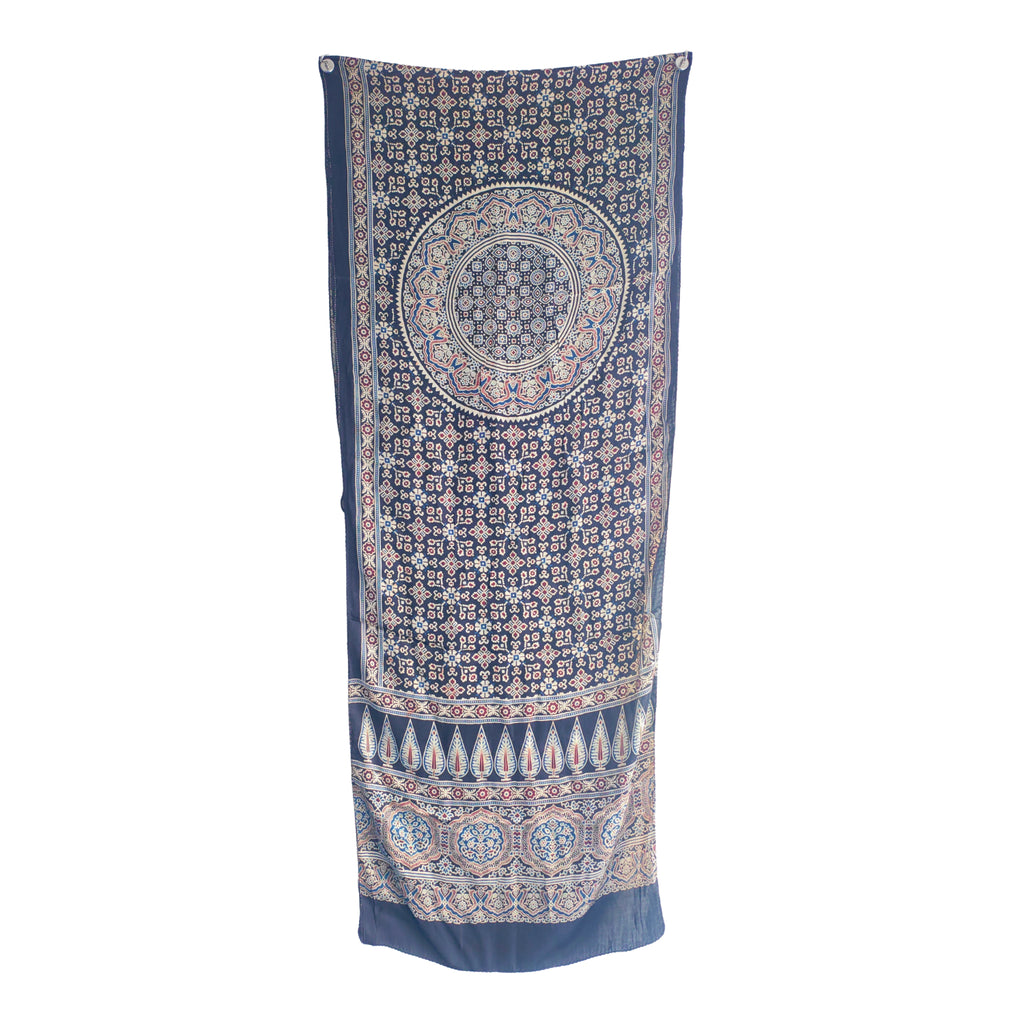 Ajrakh Hand Block Printed Modal Silk Stole – Dark Blue  Floral, 210x55cm