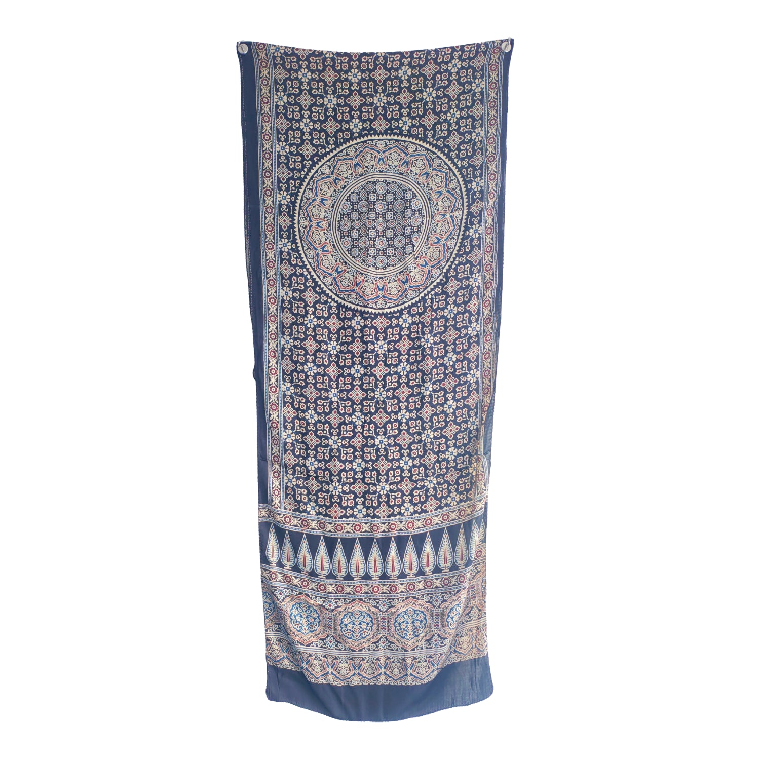 Ajrakh Hand Block Printed Modal Silk Stole – Dark Blue  Floral, 210x55cm