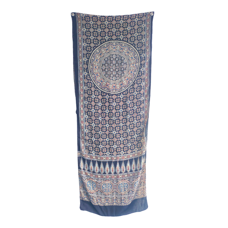 Ajrakh Hand Block Printed Modal Silk Stole – Dark Blue  Floral, 210x55cm