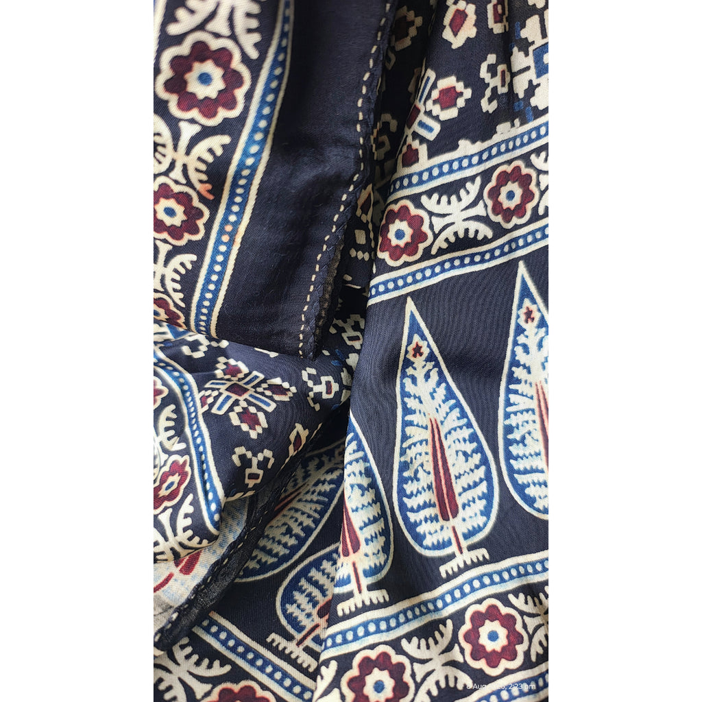 Ajrakh Hand Block Printed Modal Silk Stole – Dark Blue  Floral, 210x55cm