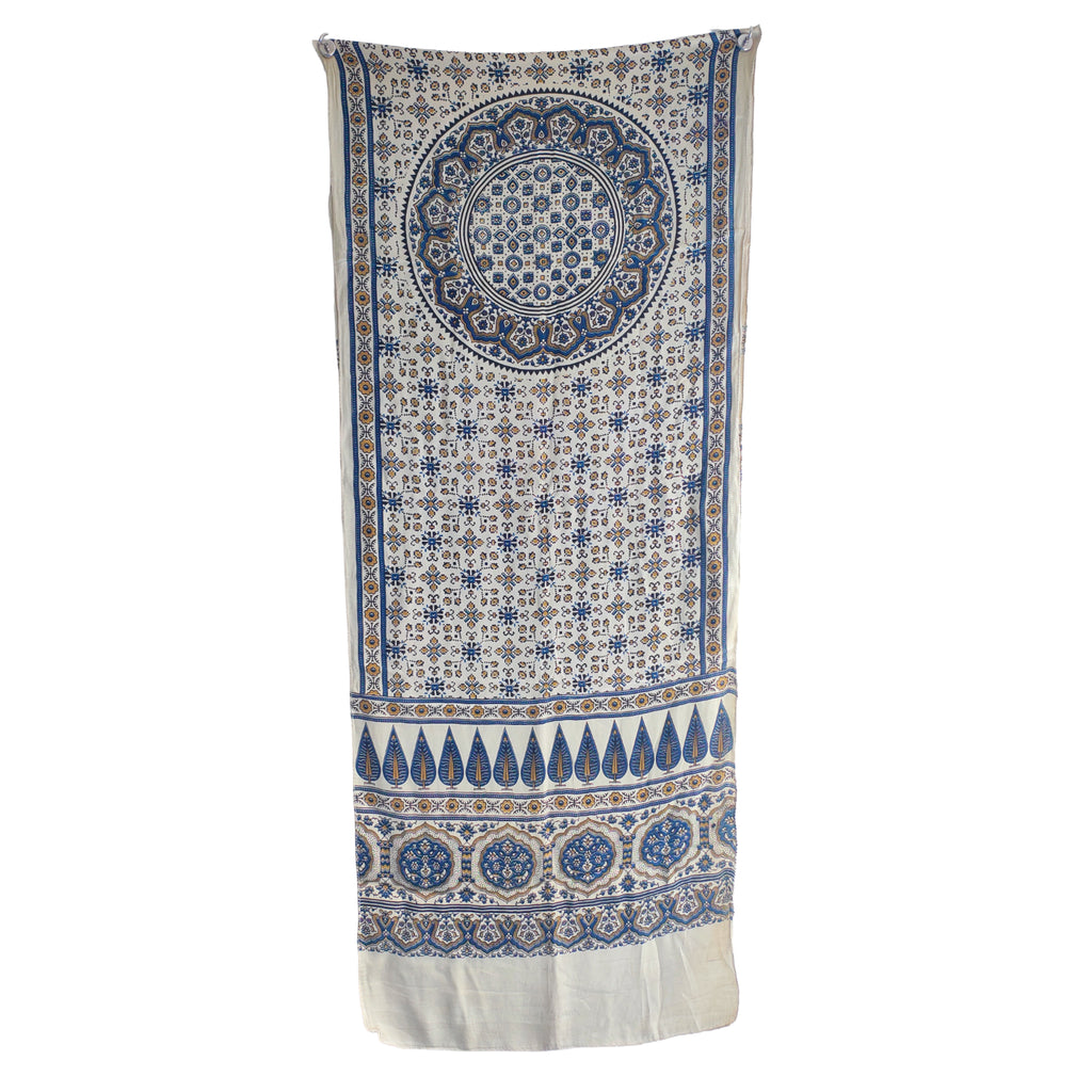 Ajrakh Hand Block Printed Modal Silk Stole – White And Blue, 210x55cm
