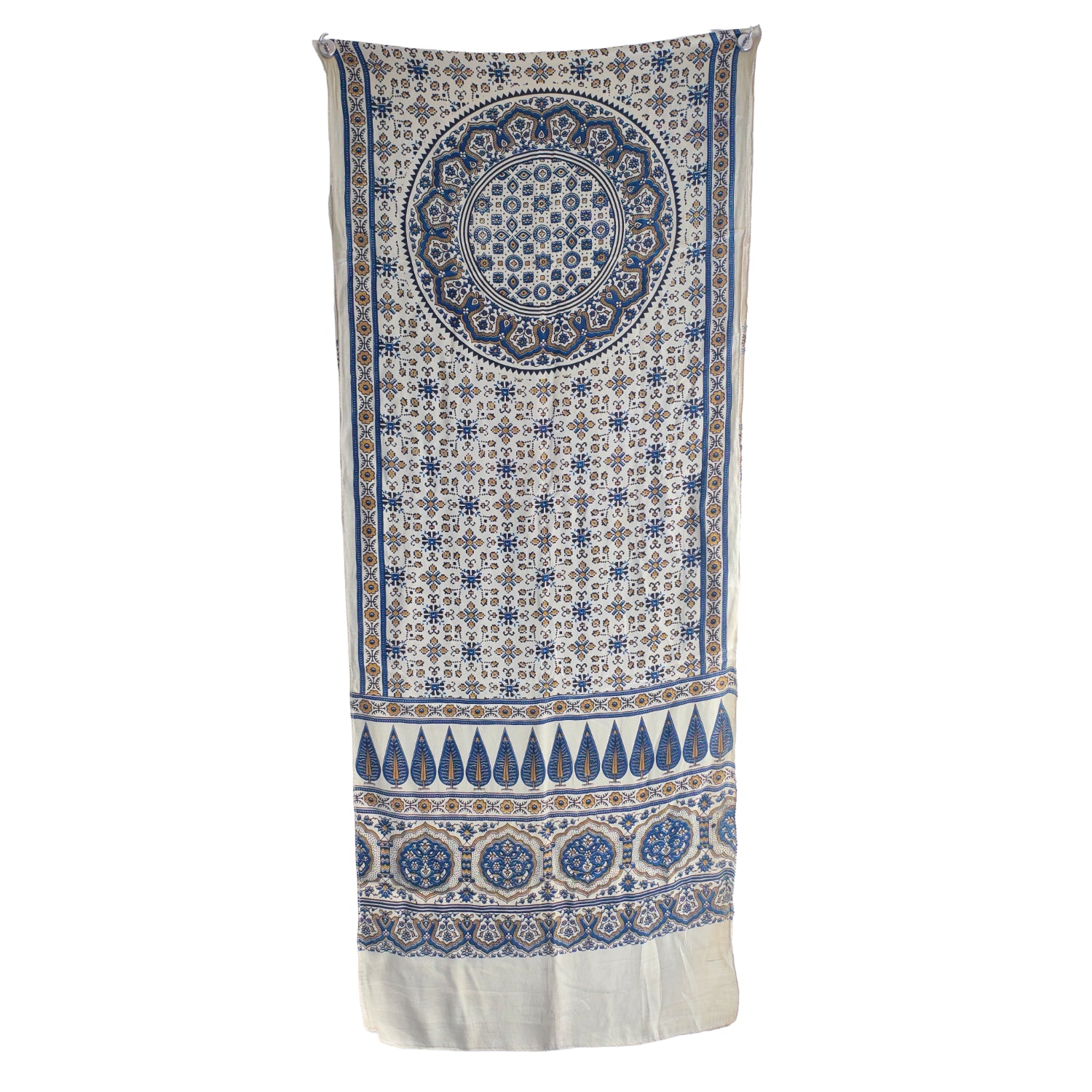 Ajrakh Hand Block Printed Modal Silk Stole – White And Blue, 210x55cm