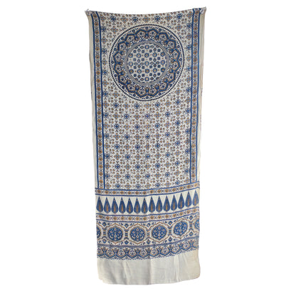 Ajrakh Hand Block Printed Modal Silk Stole – White And Blue, 210x55cm