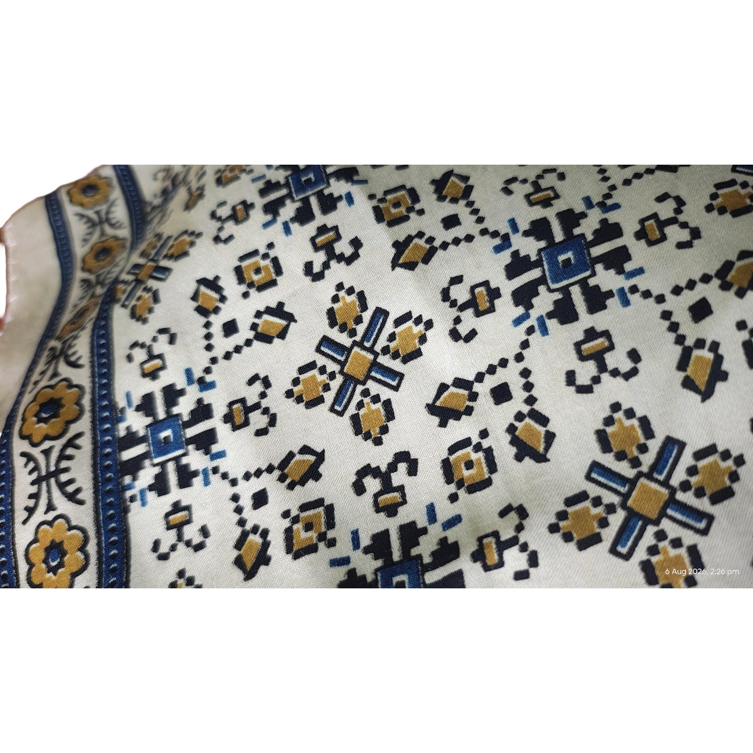 Ajrakh Hand Block Printed Modal Silk Stole – White And Blue, 210x55cm