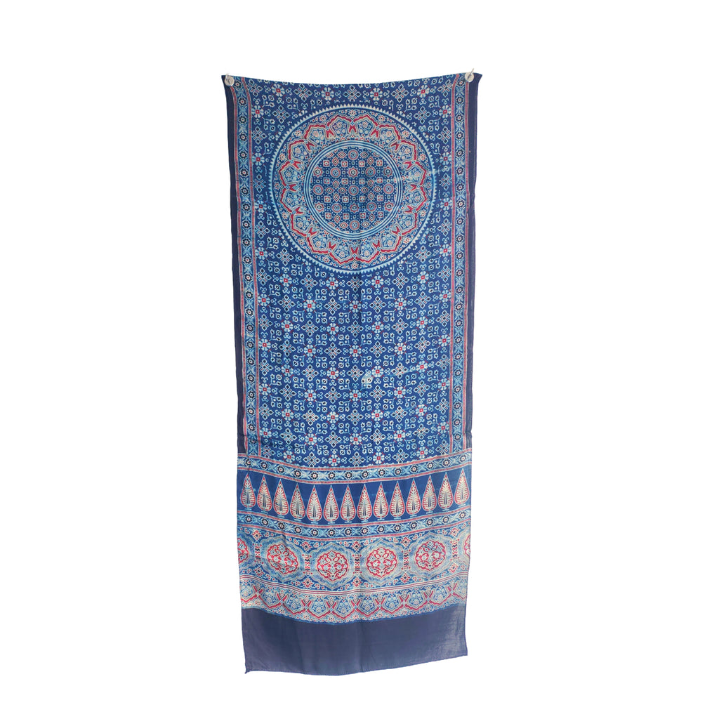 Ajrakh Hand Block Printed Modal Silk Stole –  Blue, 210x55cm