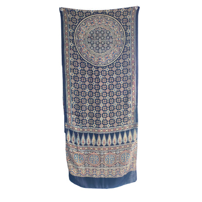 Ajrakh Hand Block Printed Modal Silk Stole –  Blue, 210x55cm