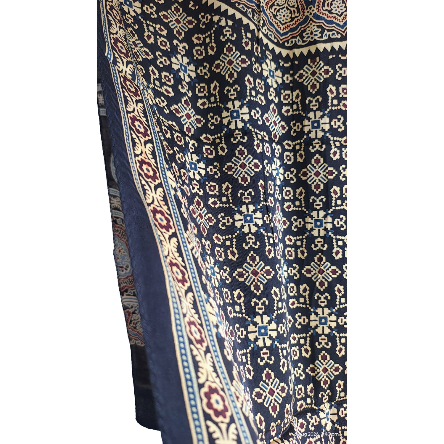 Ajrakh Hand Block Printed Modal Silk Stole –  Blue, 210x55cm