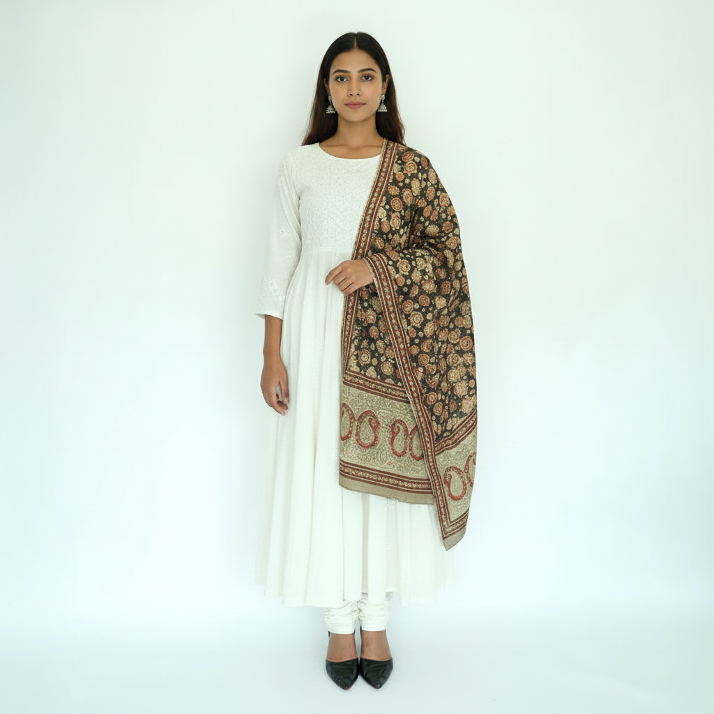 Woman wearing a white outfit with a patterned scarf on a white background