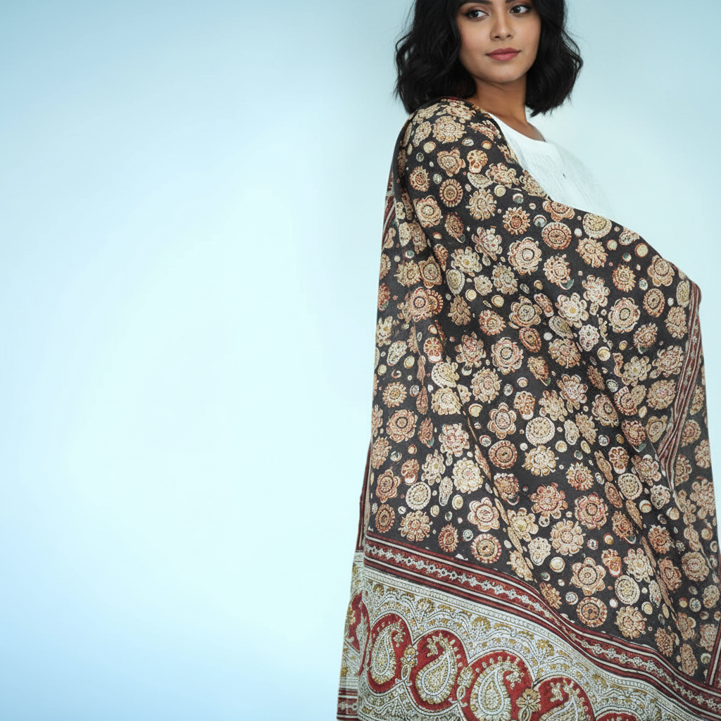 Woman wearing a floral patterned scarf on a light blue background
