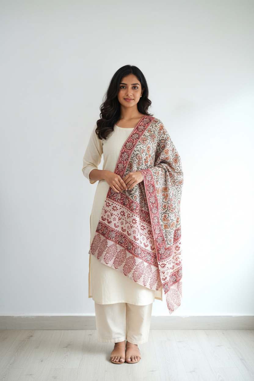 Woman wearing a patterned shawl over a white outfit against a plain background