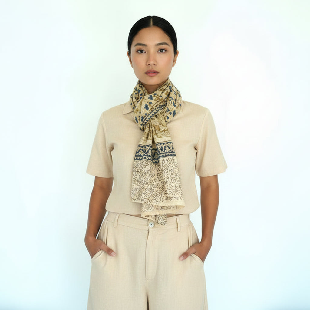 Woman wearing a black top and patterned scarf against a white background