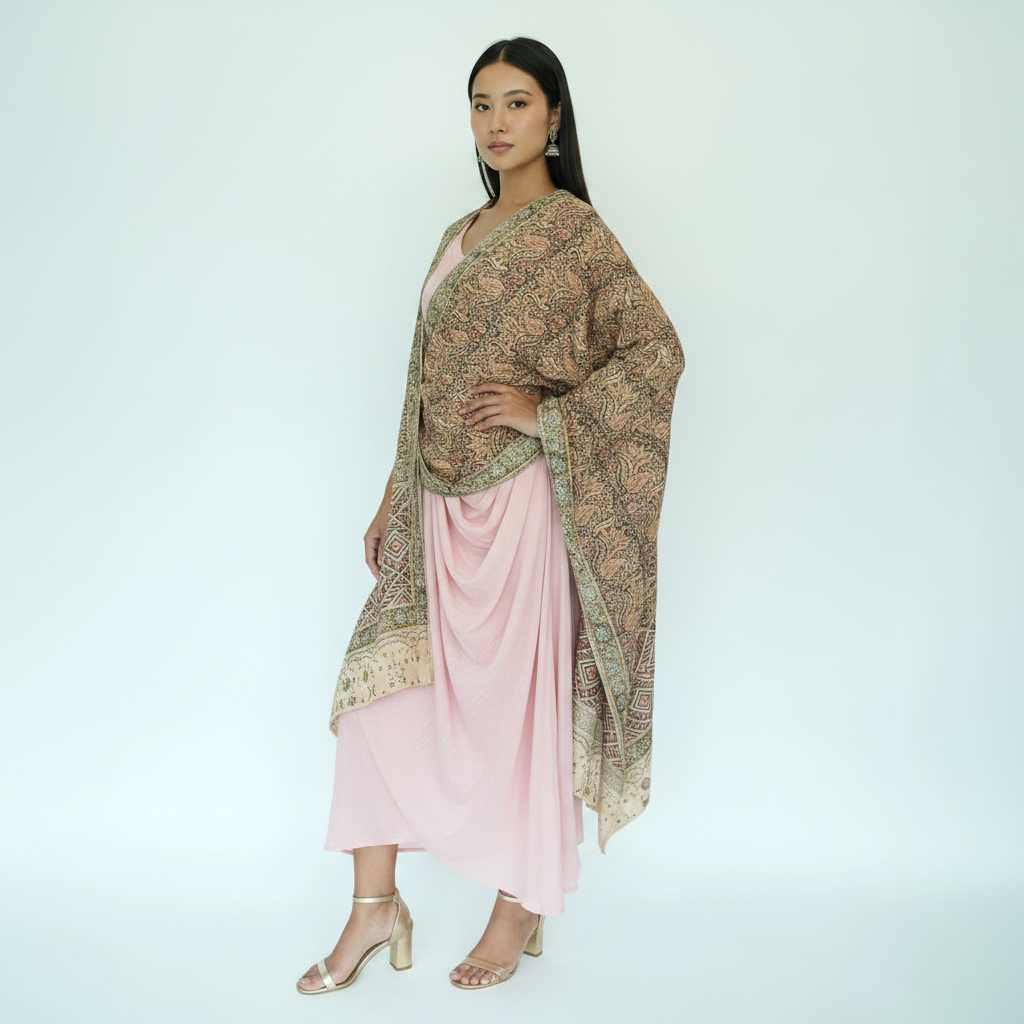Woman wearing a patterned shawl over a pink dress on a white background
