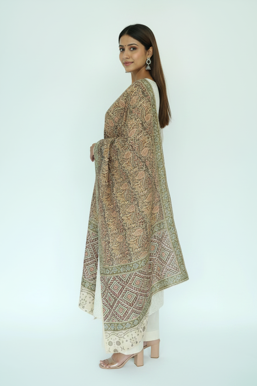 Woman wearing a traditional outfit with a patterned shawl on a white background