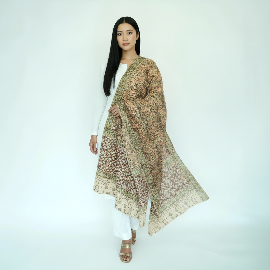 Woman wearing a patterned kimono-style garment on a white background