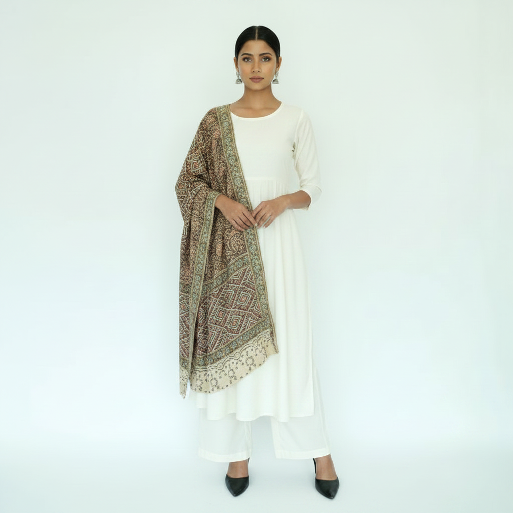 Woman wearing a white outfit with a patterned shawl on a white background