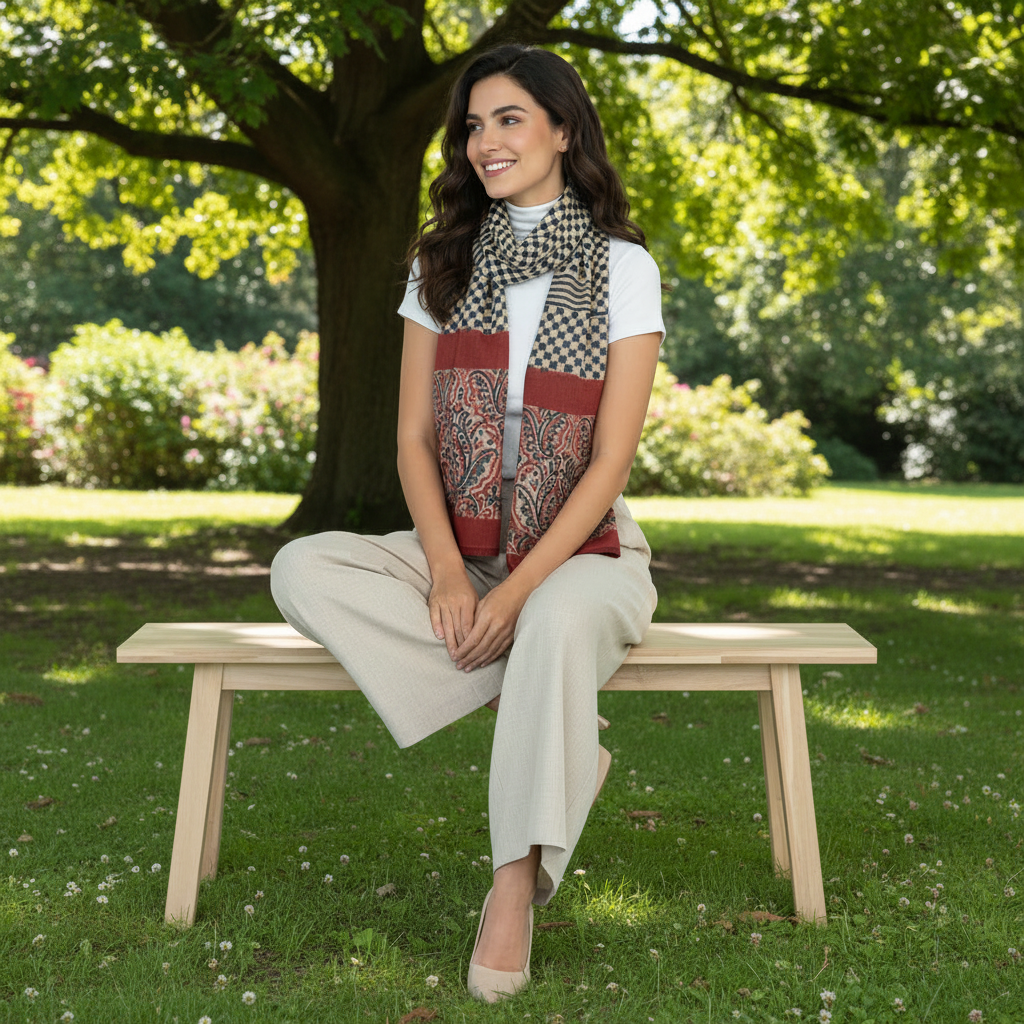 Woman sitting on a bench in a park wearing a patterned scarf