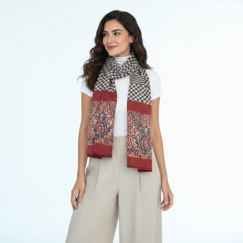 Woman wearing a patterned scarf on a white background