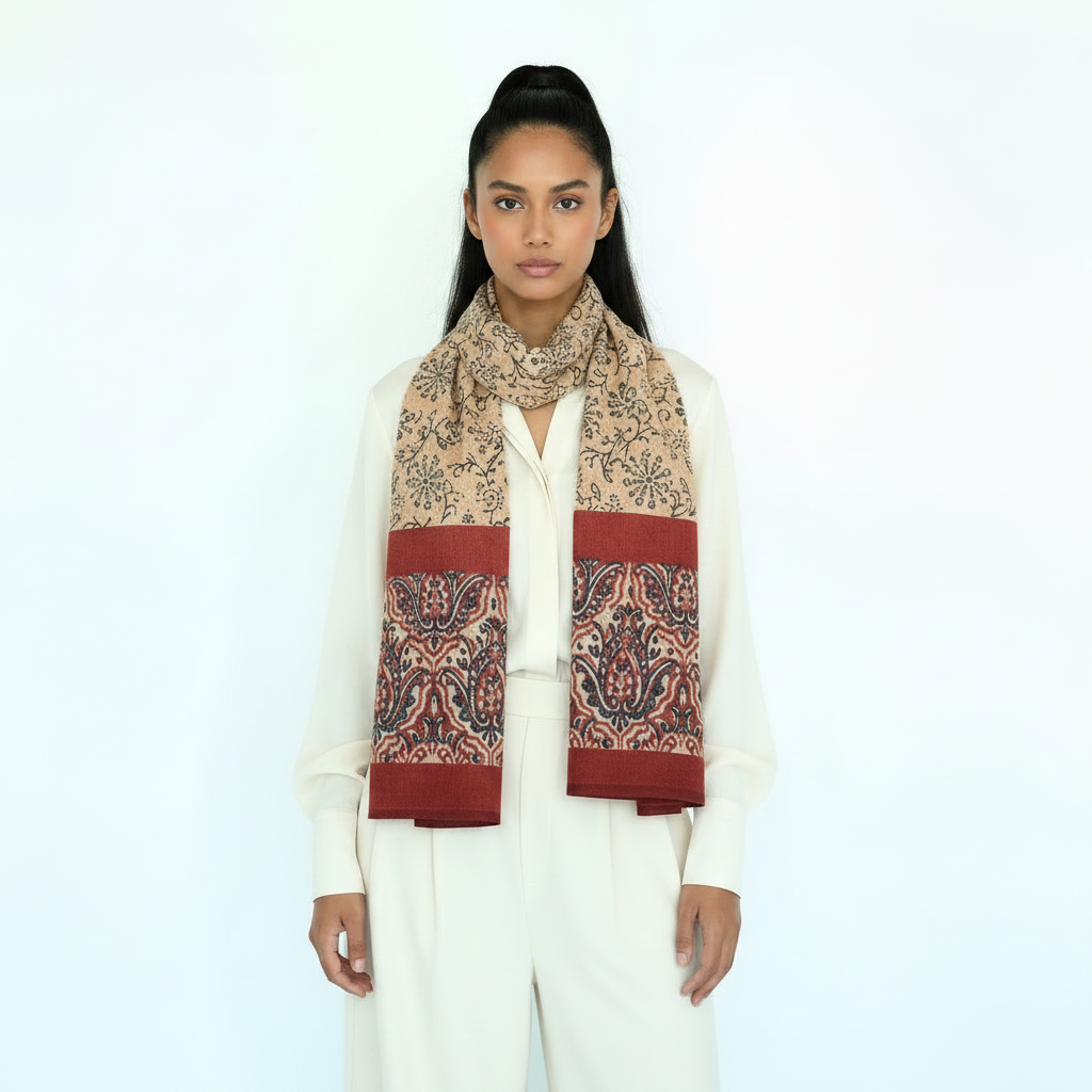 Woman wearing a patterned scarf with a white background