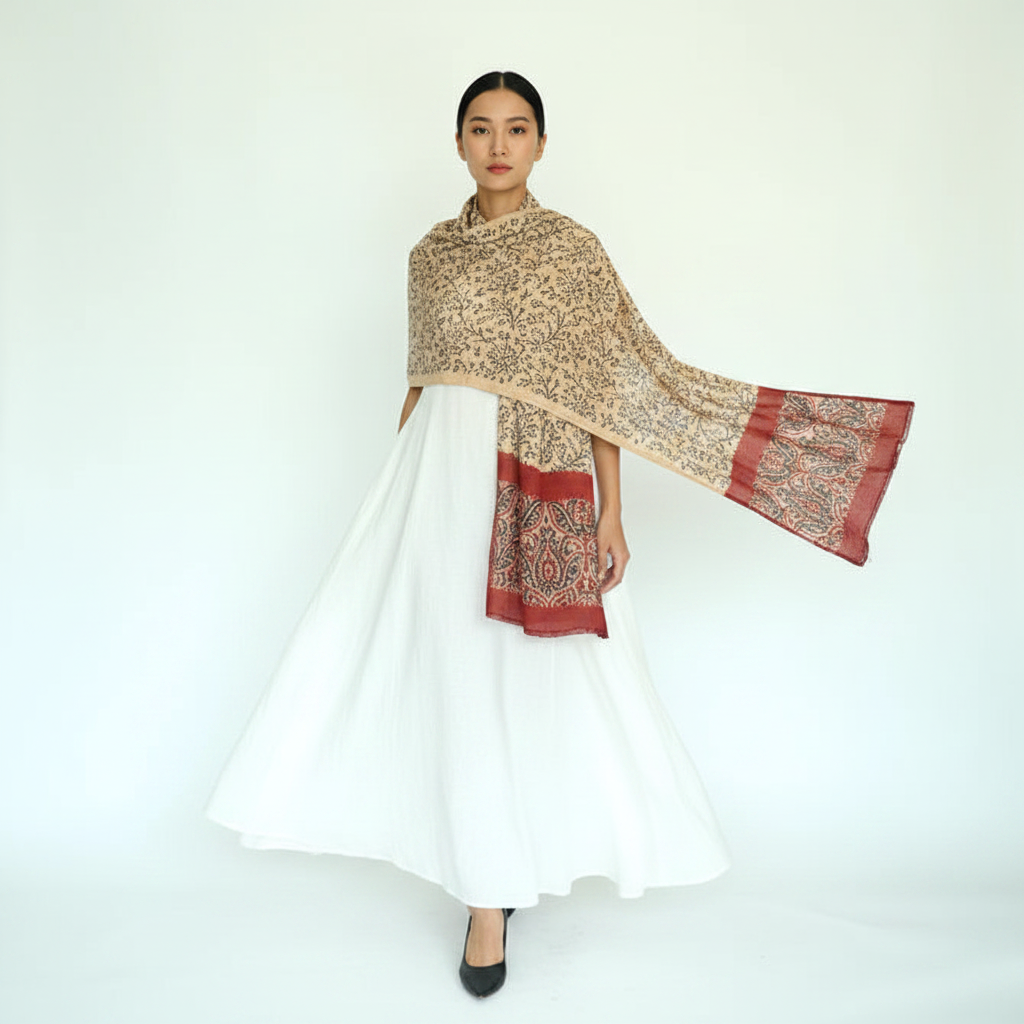 Woman wearing a white dress with a patterned shawl on a white background