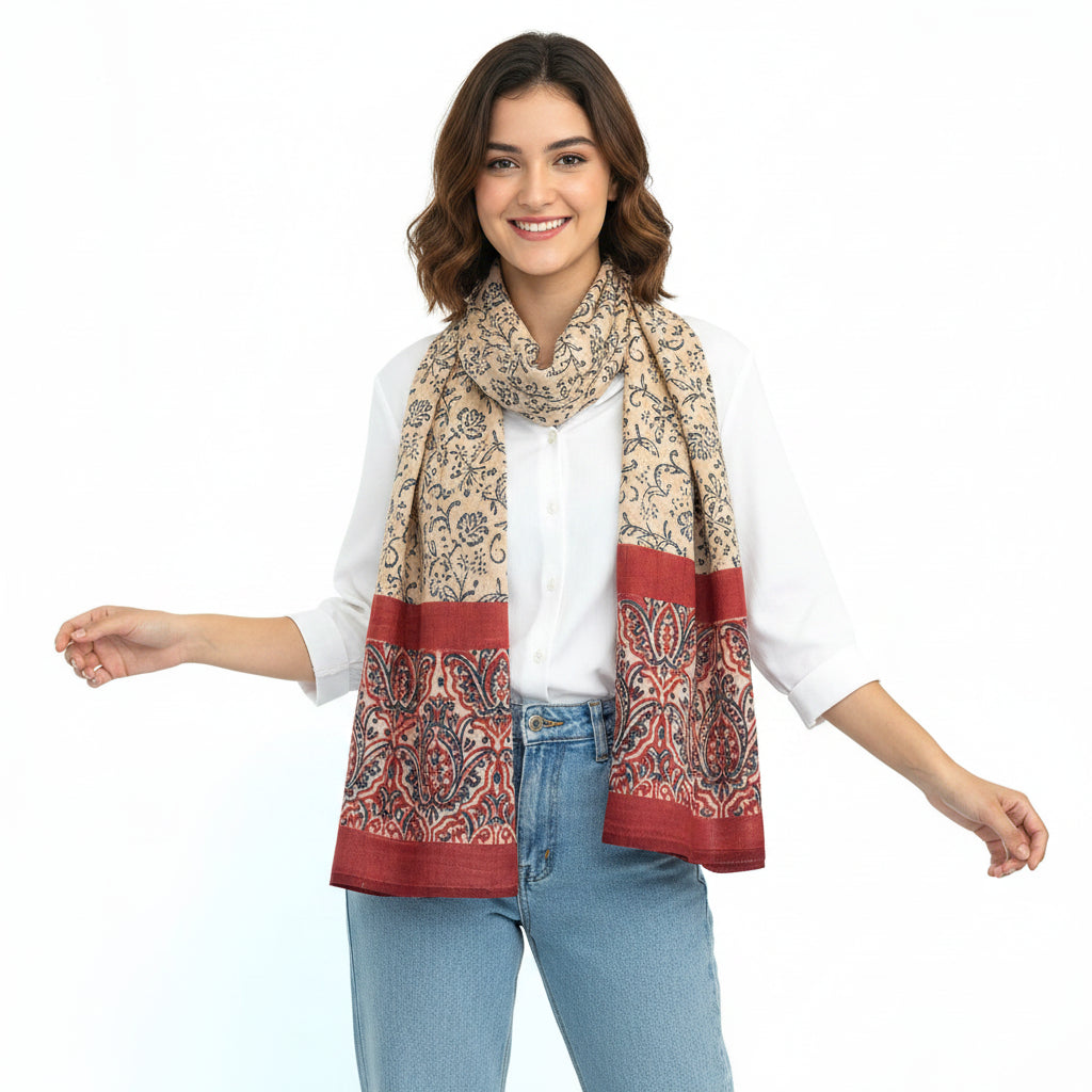 Woman wearing a patterned scarf on a white background