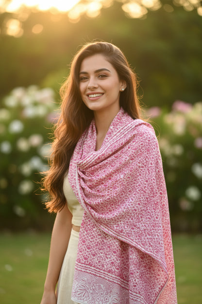 Kalamkari Hand Block Printed Modal Silk Stole – Pink Paisley Block Print, 210x55cm