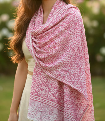 Kalamkari Hand Block Printed Modal Silk Stole – Pink Paisley Block Print, 210x55cm