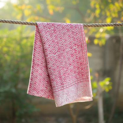 Kalamkari Hand Block Printed Modal Silk Stole – Pink Paisley Block Print, 210x55cm