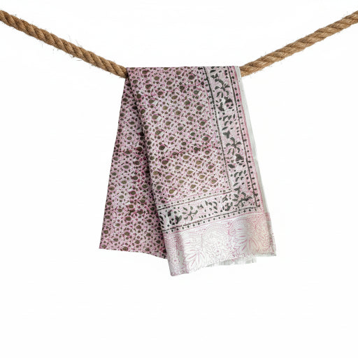 Kalamkari Hand Block Printed Modal Silk Stole – Pink Botanical Block Print, 210x55cm