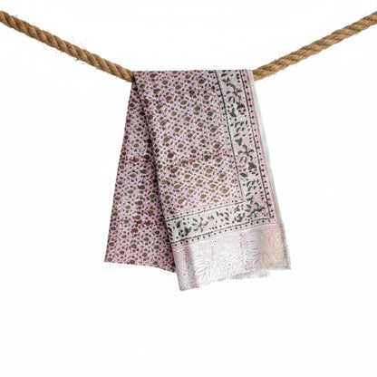 Kalamkari Hand Block Printed Modal Silk Stole – Pink Botanical Block Print, 210x55cm