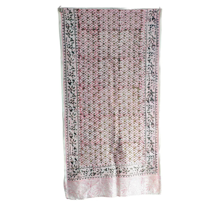 Kalamkari Hand Block Printed Modal Silk Stole – Pink Botanical Block Print, 210x55cm