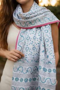 Kalamkari Hand Block Printed Modal Silk Stole – Pure White Jaal Print, 210x55cm