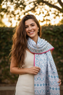 Kalamkari Hand Block Printed Modal Silk Stole – Pure White Jaal Print, 210x55cm
