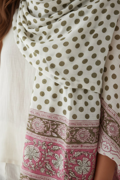 Kalamkari Hand Block Printed Modal Silk Stole – White & Pink Heritage Print, 210x55cm