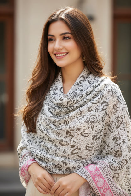 Kalamkari Hand Block Printed Modal Silk Stole – Off White & Pink Floral, 210x55cm