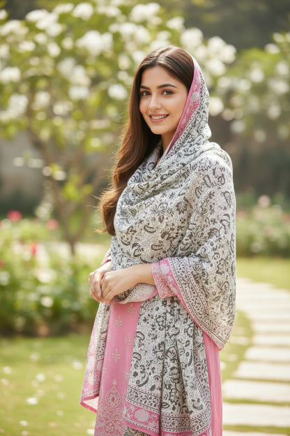 Kalamkari Hand Block Printed Modal Silk Stole – Off White & Pink Floral, 210x55cm