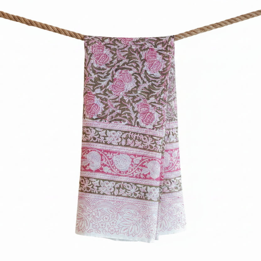 Kalamkari Hand Block Printed Modal Silk Stole – Pink Floral Block Print, 210x55cm