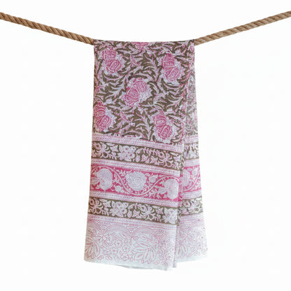 Kalamkari Hand Block Printed Modal Silk Stole – Pink Floral Block Print, 210x55cm