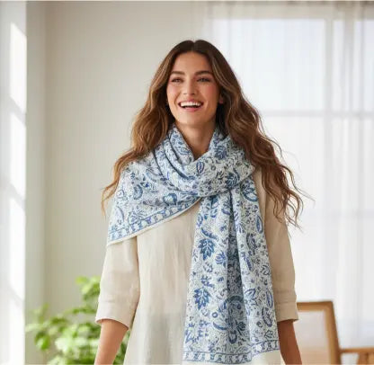 Kalamkari Hand Block Printed Modal Silk Stole – Light Blue Floral Print, 210x55cm