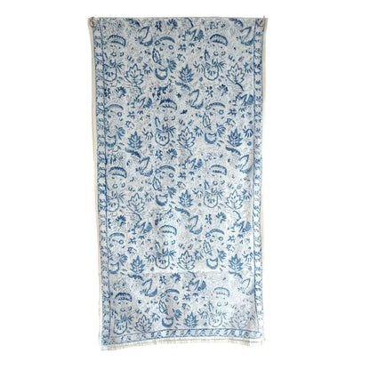 Kalamkari Hand Block Printed Modal Silk Stole – Light Blue Floral Print, 210x55cm