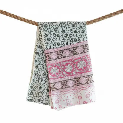 Kalamkari Hand Block Printed Modal Silk Stole – White & Pink Block Print, 210x55cm