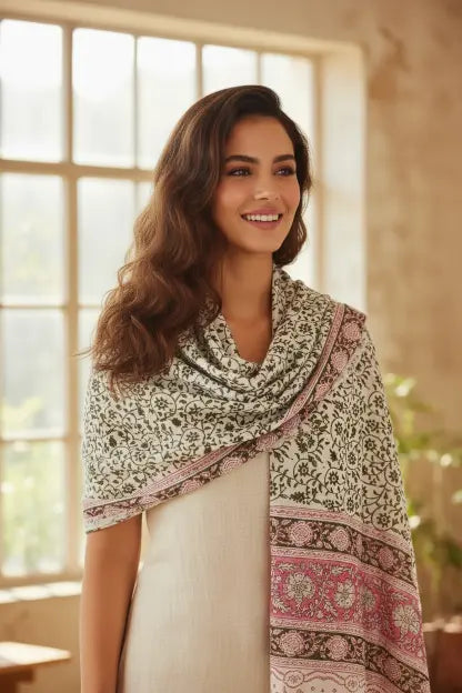 Kalamkari Hand Block Printed Modal Silk Stole – White & Pink Block Print, 210x55cm