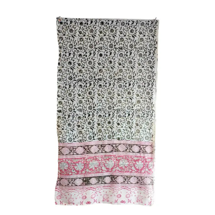 Kalamkari Hand Block Printed Modal Silk Stole – White & Pink Block Print, 210x55cm